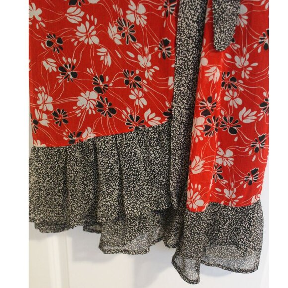 Catos Red Floral Midi Wrap Dress Women's 22W V-Neck Tie Waist Ruffle Tulip Hem - Picture 3 of 7